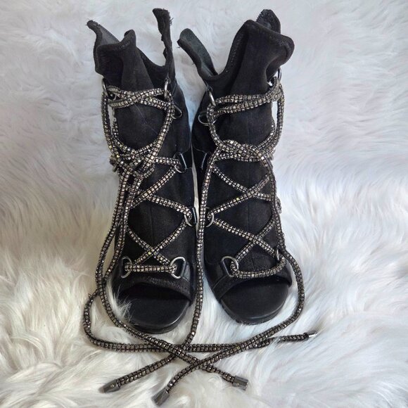 STEVE MADDEN Seductive Strappy Rhinestone Lace-Up Dress Leather Booties Size 7 - Picture 9 of 16
